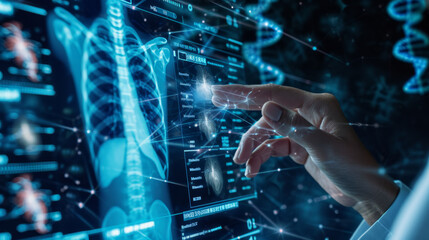 person is interacting with a futuristic medical interface displaying holographic images of human anatomy and various medical data