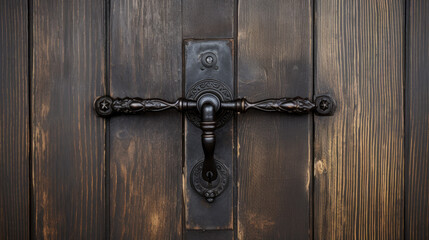 Old door handle and door lock over a brown wooden door.