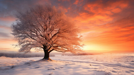 One tree with snow on branches standing alone in park during sunset period.