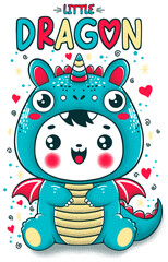 Little Dragon Childish Illustration, Baby, Children and Pet Product Pattern. Hand Drawn T-Shirt Print. - 730075014