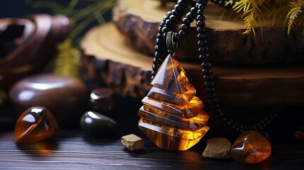 Mystical and captivating tiger eye stone amulet on textured wooden background with ethereal aura - obrazy, fototapety, plakaty