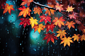 Raindrops on a branch with autumn leaves close-up. Wet birch leaves. Generative AI