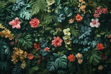 Plexiglas foto achterwand Jungle Paradise: Vibrant Foliage and Exotic Floral Patterns on a Bright Tropical Beach © VICHIZH
