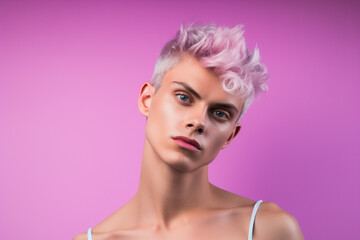 Handsome feminine cute guy closeup on purple background, portrait, transgender, LGBT 