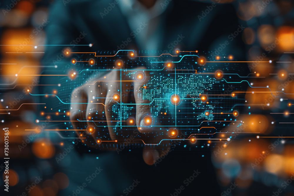 Wall mural abstract background of technology with touching hands of a businessman. ai generated