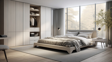 modern 3D images of a bedroom with grey walls, modern bedroom furniture plan, in the style of subtle tonal range