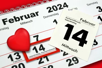 Poster Im Rahmen Deutscher Kalender Datum 14. Februar 2024 Valentinstag und rotes Herz © PhotoSG