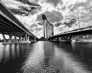 bridges over the river taken in black and white