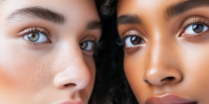 2 diverse stunning women with black and white skintone in natural makeup for cosmetic skincare, haircare or skin hair products for clinic salon advertising and multicultural unity or diverse inclusive