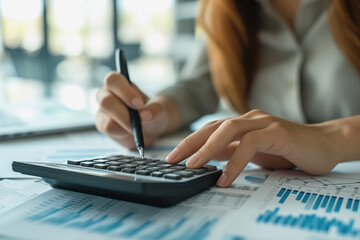 Fototapeta premium Business women use calculators to calculate investment charts at work. AI Generated