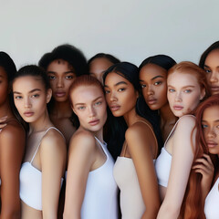 Fototapeta premium Beautiful diverse group of young women in 20s with natural makeup for cosmetic skincare, haircare or skin hair products or international women's Day, friendship, girl empowerment or inclusive models 