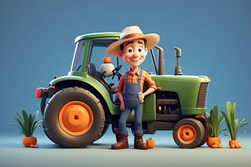 Man Beside Green Tractor, In Field, Rural Farming Equipment, Agriculture, Farmer, Country Life. Generative AI.