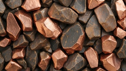 Copper ore texture with a pattern of angular pieces varying in color from light copper to dark brown, set against a dark backdrop.