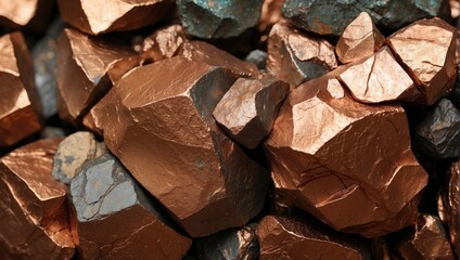 Macro shot of copper ore with sharp details highlighting the contrast between copper’s reddish-brown tones and the stone’s blue-gray hues.