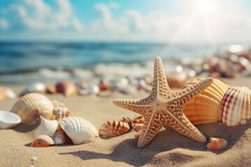 Fototapeta na wymiar Colorful seashells on the beach. Summer vacation concept.
