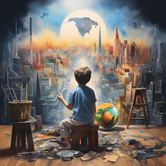 A young artist sitting amidst a chaotic blend of art supplies, brush in hand, gazing upon a fantastical cityscape that merges iconic world architecture and a floating, paint-stroked continent.