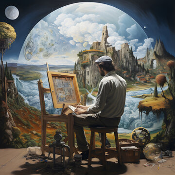 An artist, immersed in the act of painting a captivating and whimsical landscape, a blend of fantasy and reality, showcasing ruins, flowing rivers, and celestial bodies.