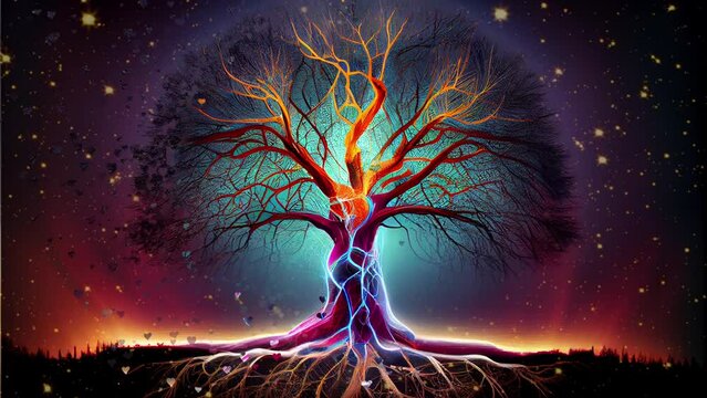 green planet concept - green tree of life with power lines, lights around