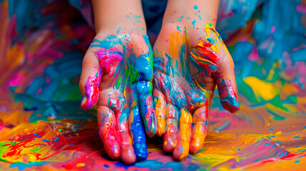 Kid shows his hands painted with vibrant paints.