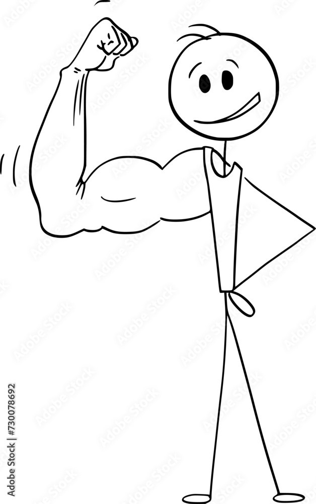 Sticker Strong Muscular man, Vector Cartoon Stick Figure Illustration