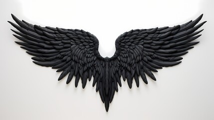 Powerful and commanding black angel wings, perfectlysymmetrical and expansive, standing out against a solid white surface, radiating a divine aura