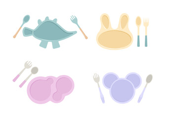 Fototapeta premium Kids cute tableware. Child lunchboxes with kitchen tools. Empty silicone dish with spoon and fork. Vector flat illustration