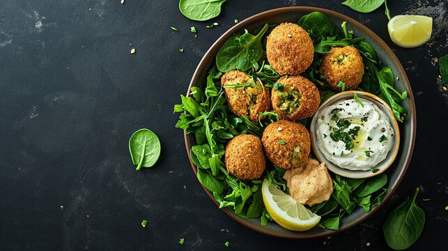 falafel croquettes served with fresh spinach, yogurt sauce, hummus in a bowl and sliced lemon, moody lighting, close-up