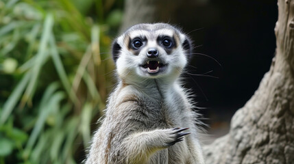 meerkat on guard. funny suracat make faces, laugh, make faces. Comical animal making a funny face that's impossible not to chuckle at. Funny smiling giraffe party animal making a silly face looking to