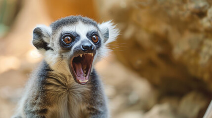 Naklejka na ściany i meble lemur sitting. funny suricat make faces, laugh. Comical animal making a funny face that's impossible not to chuckle at. Funny smiling animal party animal making a silly face. Perfect for lighthearted 