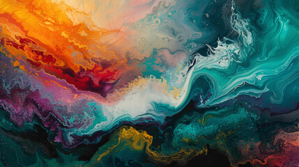 A hypnotic choreography of vibrant waves, fluid colors colliding in an intricate dance, creating an...