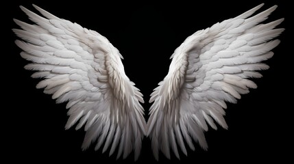 The captivating contrast of white angel wings against a deep black background, capturing the essence of ethereal beauty and mystery