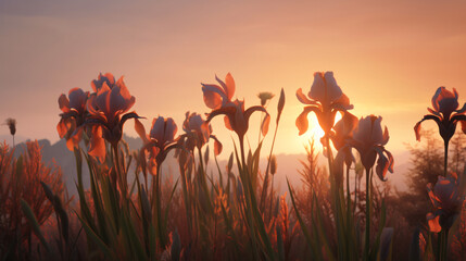 Iris blooms set against the backdrop of an autumn sunset.