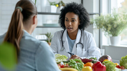 focused female doctor discussing nutrition with a patient, with fresh fruits and vegetables on the table