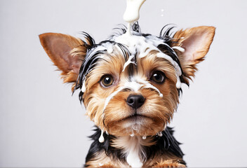 Cute Yorkshire terrier takes a bath with foam on his head. Pet care concept.
