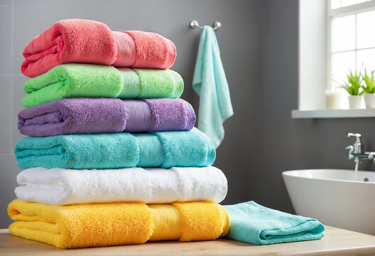 Stack Of Clean Soft Colorful Towels On The Table In The Bathroom