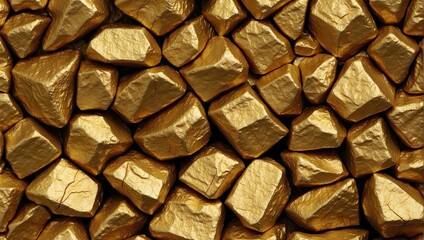 Shimmering gold nugget textures form a contiguous pattern, with each nugget displaying a shiny,...