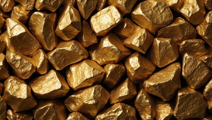 A repeating pattern of gold ore textures, featuring angular gold nuggets with reflective, crumpled...