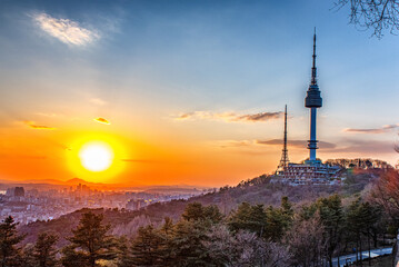 Namsan tower at sunset, Seoul, South Korea.