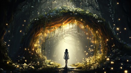 a young girl is standing in the forest with a small hole surrounded by fireflies