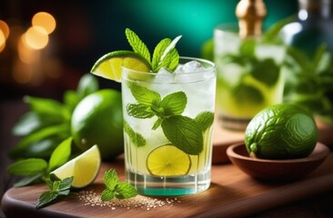 Glass with mortar and ingredients for preparing mojito on table. Generative Ai