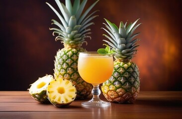 Pineapple juice in glass with a pineapple fruit on table. Background is on tropical beach. Generative AI