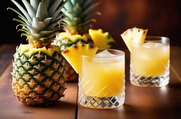 Pineapple juice in glass with a pineapple fruit on table. Background is on tropical beach. Generative AI