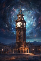 Fototapeta premium Painting of Clock Tower in Town Center. Generative AI.