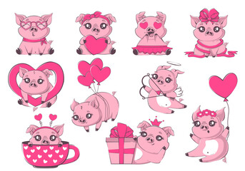 Set of cartoon kawaii pigs in love. Cute animals for Valentine's Day