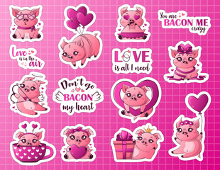set of printed stickers with cartoon kawaii pigs in love. Cute animals for Valentine's Day