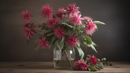 bouquet of Bee Balm stems arranged in a vintage vase.
