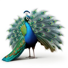 Peacock bird with colorful feathers isolated on white background