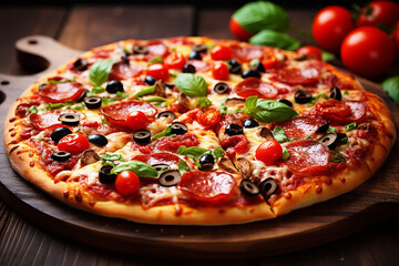 Delicious appetizing pizza close-up in restaurant