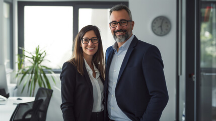 Homem e mulher de terno juntos sorrindo em um ambiente profissional  - obrazy, fototapety, plakaty