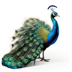 Peacock bird with colorful feathers isolated on white background